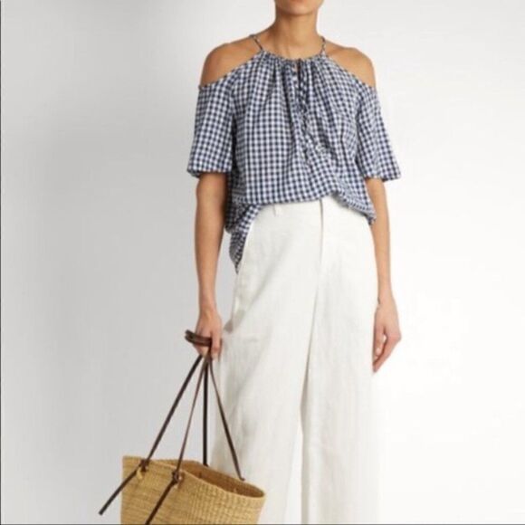 Velvet Graham & Spencer Gingham Cold Shoulder Top Blue White XS - Picture 5 of 12